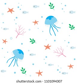 Seamless underwater pattern with sea animal on white background