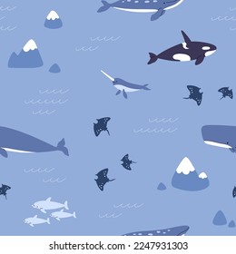 Seamless underwater pattern. Sea and ocean fishes, animals on endless background. Kids repeating under water print. Undersea marine texture design for fabric. Colored flat graphic vector illustration