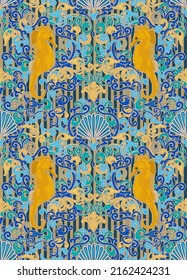 Seamless underwater pattern with seashell and seahorse