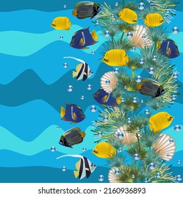 Seamless underwater pattern with seashell and tropical fish. vector illustration	