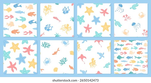 Seamless underwater pattern set with aquatic creatures like fish, starfish, and jellyfish in a flat style. Marine background features turtles and coral in ocean sea themes. Ideal for summer