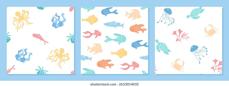 Seamless underwater pattern set with aquatic creatures in cartoon graphic style. Marine texture featuring fish, coral, and plants under the ocean. Perfect for sea backgrounds and decor.