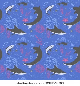 Seamless underwater pattern with sharks and corals on dark blue background. Flat Art Vector illustration.