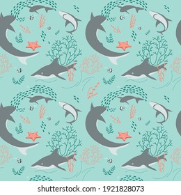 Seamless underwater pattern with Sharks on aquamarine background. Flat Art Vector illustration.