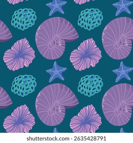 Seamless Underwater Pattern with Shells, Starfish, and Marine Elements. A playful and artistic underwater-themed pattern featuring spiral shells, starfish, and coral designs in vibrant purple, blue, 