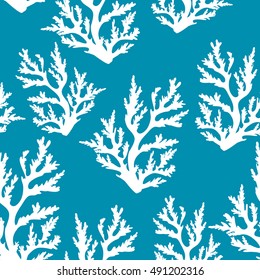 Seamless underwater pattern with silhouette of corals on a blue background. Vector sea wallpaper.