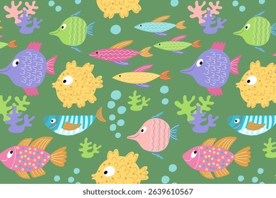Seamless underwater scene with bright sea creatures.  Perfect for playful educational projects and aquatic decor.