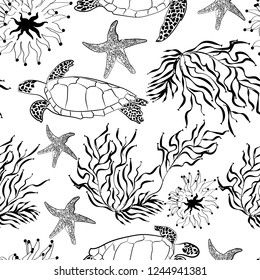 Seamless underwater sea ocean turtle plants coral pattern