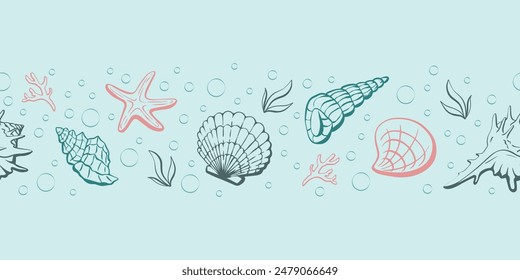Seamless underwater sea world pattern with shells and bubbles. Clam loopable pattern can be used for wrapping paper, fabric, textile, print, background, borders, templates, cards, social media and web