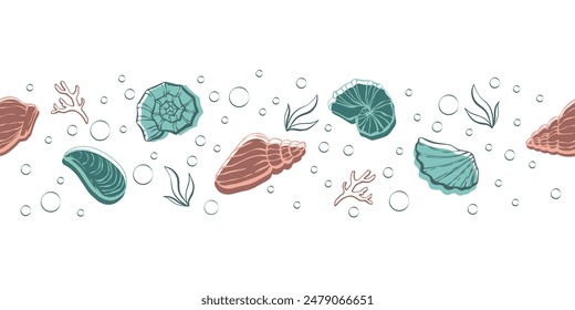 Seamless underwater sea world pattern with shells and bubbles. Clam loopable pattern can be used for wrapping paper, fabric, textile, print, background, borders, templates, cards, social media and web
