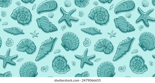 Seamless underwater sea world pattern with shells and bubbles. Clam loopable pattern can be used for wrapping paper, fabric, textile, print, background, borders, templates, cards, social media and web
