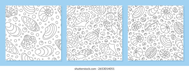 Padrão de concha submarina sem costura definido com estilo de contorno. A concha marinha e o design de rabiscos aquáticos criam fundos oceânicos. Perfeito para conceitos decorativos do mar.