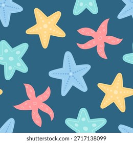 Seamless underwater starfish pattern in a vibrant marine style. Aquatic ocean background with sea textures. Perfect for marine themes and summer designs.