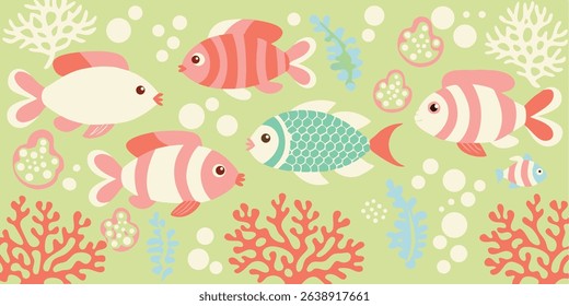 Seamless Underwater Summer Pattern Tropical Fish and Coral Reef Design