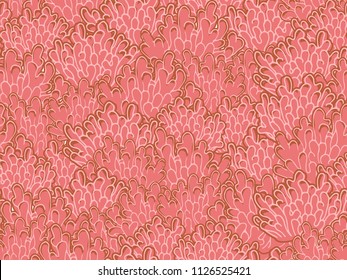 Seamless underwater vector pattern with repeated coral polyps or sea weed in coral red palette. Aquatic sketchy ornament. Hand drawn Red Sea colorful print for textile, paper design, backgrounds.