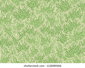 Seamless underwater vector pattern with repeated coral polyps or sea weed in coral red palette. Aquatic sketchy green ornament. Doodle coral reef colorful print for textile, paper design, backgrounds.