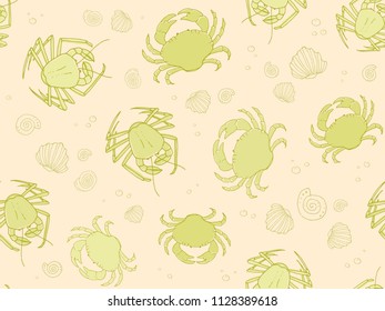 Seamless underwater vector pattern with repeated crabs and shells in coral red palette. Hand drawn green colorful print for textile, paper design, backgrounds. Seabed sketchy ornament