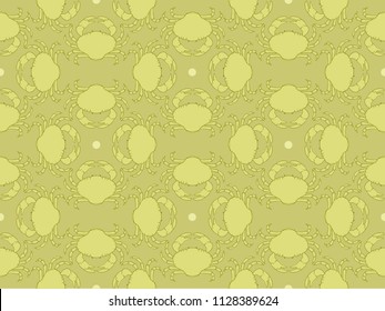 Seamless underwater vector pattern with repeated crabs with pearls in coral red palette. Hand drawn ocean colorful print for textile, paper design, backgrounds. Sea or river green sketchy ornament