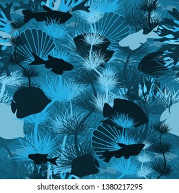 Seamless underwater wallpaper with tropical fish, vector illustration