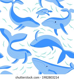 Seamless underwear pattern with blue whales on white background. Flat Art Vector illustration.