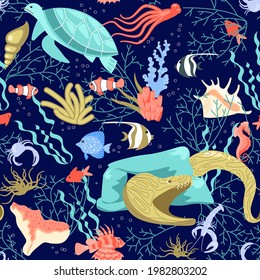 Seamless underwear pattern with life elements, tropical animals, corals and fishes. Undersea fauna, sea world dwellers, coral reef inhabitants in their natural habitat. Flat Art Vector illustration.