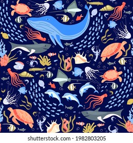 Seamless underwear pattern with life elements, tropical animals, corals and fishes. Undersea fauna, sea world dwellers, coral reef inhabitants in their natural habitat. Flat Art Vector illustration.