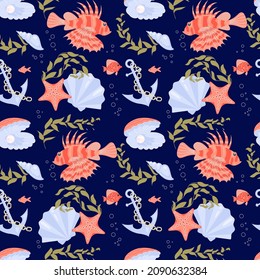 Seamless underwear pattern with sea life elements, tropical animals, corals and fishes. Undersea fauna, sea world dwellers, coral reef inhabitants in their natural habitat. Flat Art Vector