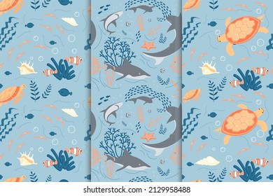 Seamless underwear pattern with seabed and coral reef life on blue background. Flat Art Vector illustration.