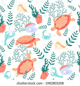 Seamless underwear pattern with turtle and pearl in the shell on white background. Flat Art Vector illustration.