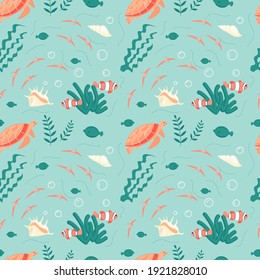 Seamless underwear pattern with turtle and sea fishes on dark blue background. Flat Art Vector illustration.