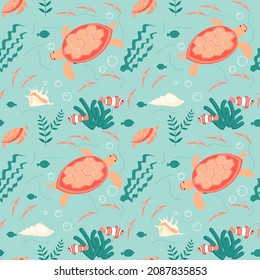Seamless underwear pattern with turtle and sea fishes on aquamarine background. Flat Art Vector illustration.