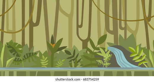 Seamless unending background for arcade game or animation. Green jungle forest with river. Vector illustration, parallax ready.