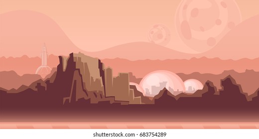 Seamless unending background for arcade game or animation. Surface of the planet Mars with mountains, space settlement and spaceship. Vector illustration, parallax ready.