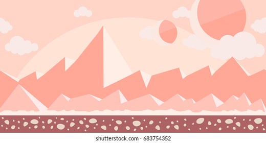 Seamless unending background for arcade game or animation. Surface of the planet Mars or rocky desert with mountains in the background. Vector illustration, parallax ready.