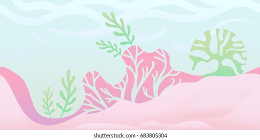 Seamless unending background for arcade game or animation. Underwater world with seaweed and coral. Vector illustration, parallax ready.