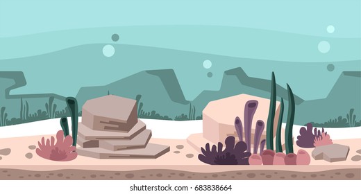 Seamless unending background for arcade game or animation. Underwater world with rocks, seaweed and coral. Vector illustration, parallax ready.