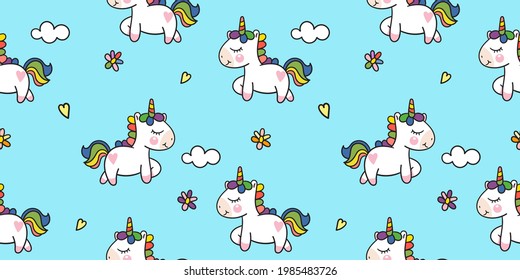 Seamless unicorn fairy cartoon cute Pony Child with colorful flowers animal pattern: Series Fairytale Kawaii character (Girly doodles).Perfect for Nursery kids, greeting card,baby shower girl, fabric.