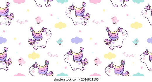 Seamless unicorn fairy cartoon cute Pony Child animal pattern jump in sky with pastel cloud: Series Fairytale Kawaii character (Girly doodles).Perfect for Nursery kids, greeting card,baby shower girl.