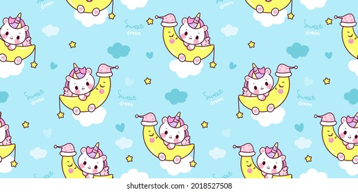 Seamless unicorn fairy cartoon cute Pony Child animal pattern sleep on moon sweet dream with pastel cloud: Series Fairytale Kawaii character (Girly doodles). Perfect for Nursery kids, greeting card.