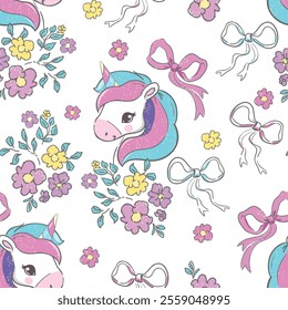 Seamless Unicorn Floral Pattern for Kids Cute Pastel Vector Illustration