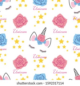 Seamless unicorn head pattern with roses and stars