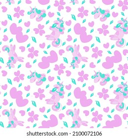 Seamless unicorn pattern. Cheerful eats ice cream, jumps, smiles. On a white background, for children and use in textile, paper, plastic production.