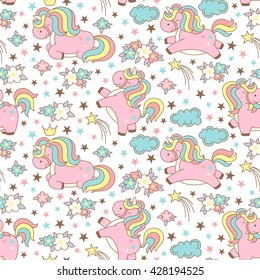 Seamless unicorn pattern with clouds, stars, crown and flowers on white background. Cute cartoon background in japanese style. Vector illustration.