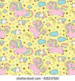 Seamless unicorn pattern with clouds, stars, crown and flowers on yellow background. Cute cartoon background in japanese style. Vector illustration.