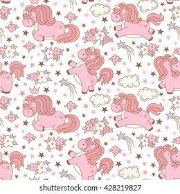 Seamless unicorn pattern with clouds, stars, crown and flowers on white background. Cute cartoon background in japanese style. Vector illustration.