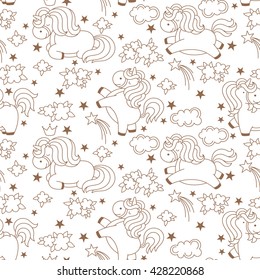 Seamless unicorn pattern with clouds, stars, crown and flowers on white background. Line cartoon background in japanese style. Vector illustration.