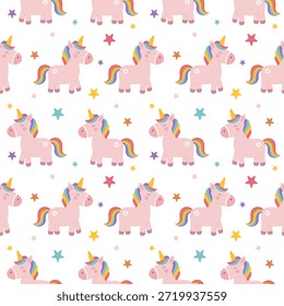 Padrão de unicórnio sem costura com unicórnios rosa bonito e estrelas coloridas no fundo branco. Ideal para design infantil, decoração infantil, tecido, papel de embrulho, papel de parede e produtos para bebês. Ilustração vetorial