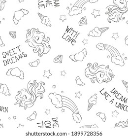 Seamless unicorn pattern. Drawing for kids clothes or fabrics. Black and white unicorn pattern.
