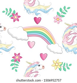 Seamless unicorn pattern with hearts, flovers, clouds, rainbow and stars.