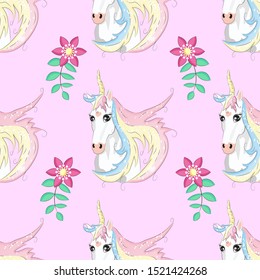 Seamless unicorn pattern with hearts, flovers, clouds, rainbow and stars.